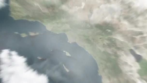 地球从太空放大到美国林肯公园的长滩 然后通过云层和大气变焦进入太空 卫星视图 旅行介绍 — 图库视频影像