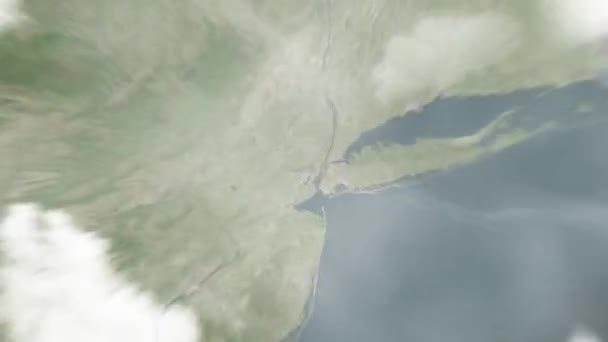 地球从太空放大到美国纽瓦克 然后通过云层和大气变焦进入太空 卫星视图 旅行介绍 — 图库视频影像