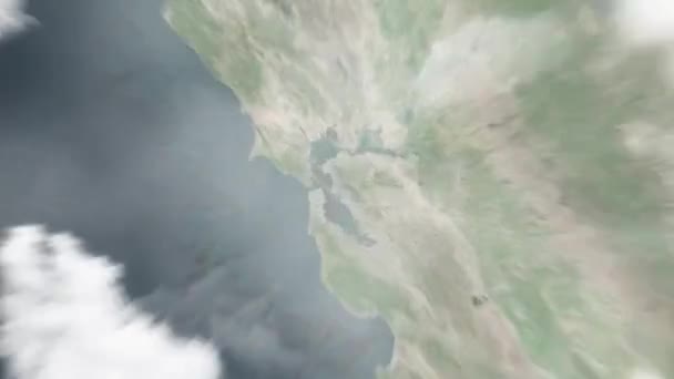 宇宙からオークランド アメリカ フランクH 小川プラザまで地球がズームします 雲と大気を通して宇宙にズームアウトする サテライトビュー トラベルイントロ — ストック動画