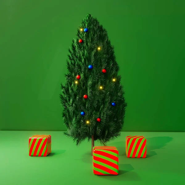 Amazing Christmas Tree 3d illustration image, beautiful Christmas tree decoration image, x - mass tree green background, There are Christmas presents under the Christmas tree