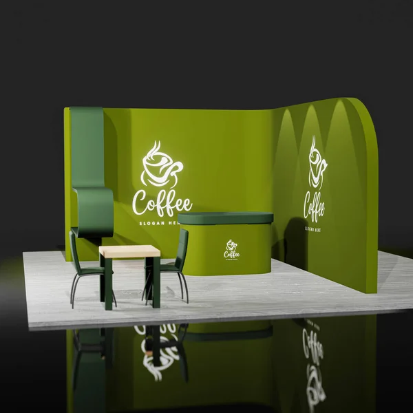 Trade Exhibition booth 3d image, green color +trade show booth design, coffee shop concept