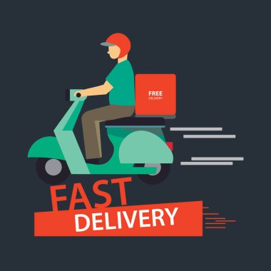 Hızlı teslimat konsepti. Motosikletli teslimatçı. Vektör illüstrasyonu.