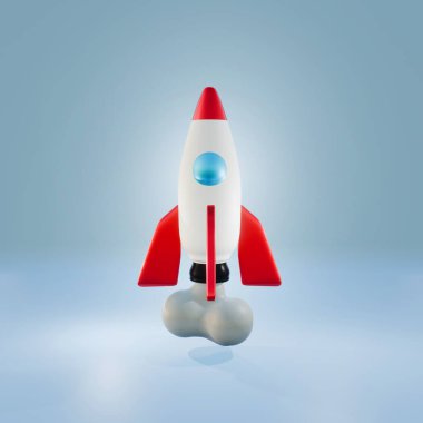 Fotokopi alanı ile mavi arkaplan üzerinde 3D bir roket oluşturma