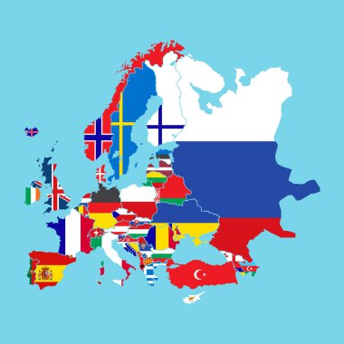 Rusya ve Avrupa Birliği 'nin bayraklı haritası. Vektör İllüstrasyonu.