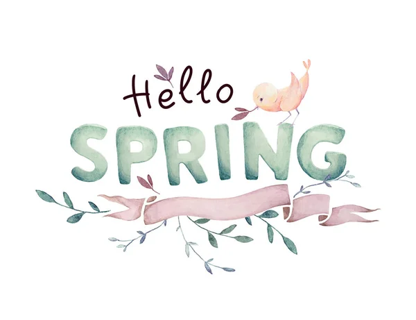 Hello Spring, Hand Lettering, Big Letters, Ribbon, Bird, Branches, Invitation Design Elements, Gender Neutral Colors, Watercolor Clipart