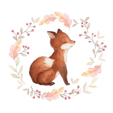Baby Fox Illustration, Fall Wreath Clip Art, Little Fox Suluboya, Ön Yapım Kompozisyon
