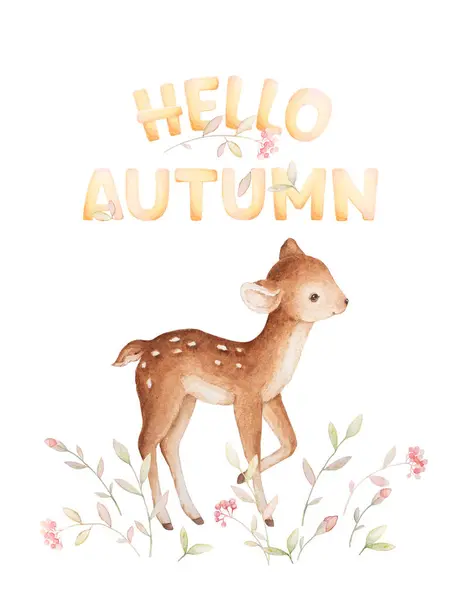Hello Autumn Baby Card Lettering Little Deer Watercolor Red Rowan — стоковое фото