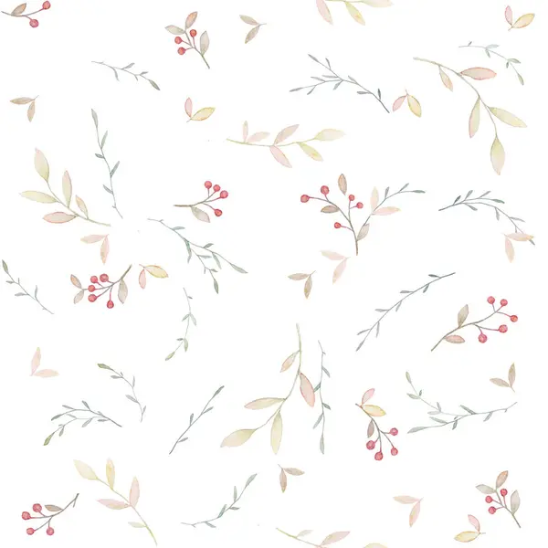 Red Berries Pattern Branches Pattern Fall Pattern Watercolor Seamless Pattern — Stock Photo, Image