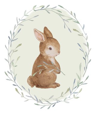 Paskalya Tavşanı, Kırsal Çelenk, Yeni Doğmuş Bebek Kartı, Suluboya Boho Çelengi, Boho Bebek Kartı, El Çekimi Çelengi