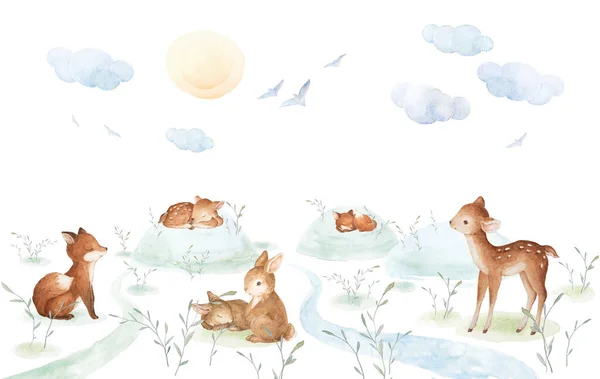 Cute Forest Animals Watercolor Clipart Morning Forest Illustrations Premade Composition Stok Foto Bebas Royalti