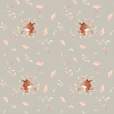 Fox Pürüzsüz Şablon, Woodland Fox Kumaşı, Boho Suluboya, Açık Kahverengi Arkaplan, Sulu Renkli Şablon