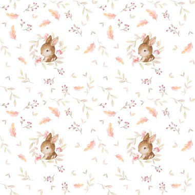 Tavşan desensiz, Küçük Tavşan Suluboya Orman Hayvanları Duvar Kağıdı, Boho Bebek Suluboya, Sonbahar Deseni, Beyaz Arkaplan