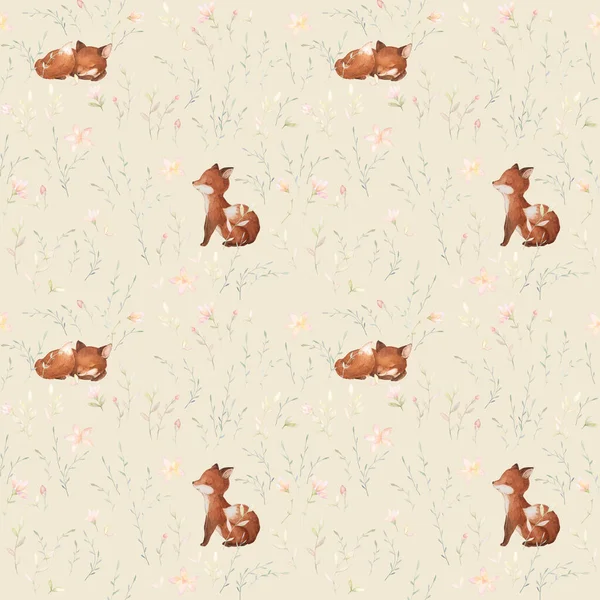 Little Fox Seamless Pattern. Baby Fox Watercolor. Cute Animals Nursery Wallpaper. Forest Animals Background. Beige Background