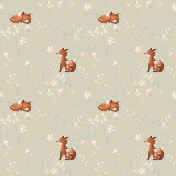 Little Fox Seamless Pattern. Floral Seamless Pattern. Cute Animals Nursery Wallpaper. Forest Animals Background. Pastel Green Brown Background