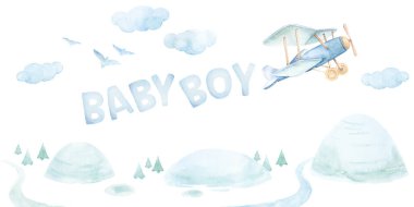 Baby Boy Airplane Watercolor Duvar Sanatı. Çocuk yuvası duvar sanatı. Bebek Macerası Clipart. Yaz Macerası Bebek Resimleri. Çocuk odası duvar kâğıdı Clipart. Beyaz arkaplan