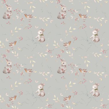 Robin Bird suluboya deseni, Tavşan desensiz, Orman Hayvanları Duvar kağıdı, Boho Bebek Suluboya, Gri Yeşil Renk