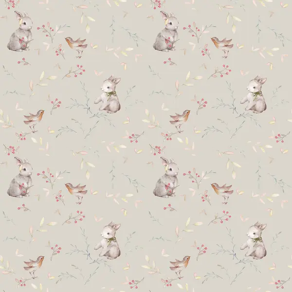 Rabbit Seamless Pattern Floral Bird Pattern Forest Animals Wallpaper Watercolor — Stock Photo, Image