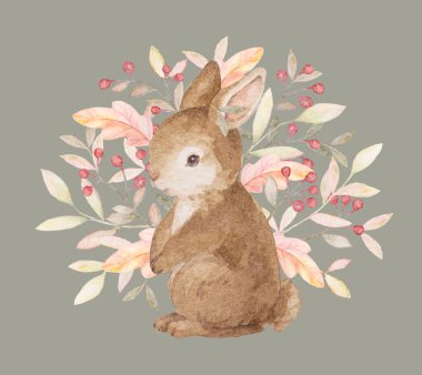 Küçük Tavşan Çizimleri. Çiçekli Orman Hayvanı. Sonbahar Bebek Hayvanlar Çizimi. Düşen Orman Hayvanları Tırmanışı