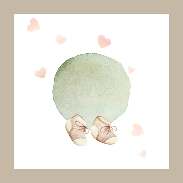 Gender Neutral Birth Announcements. Hand Painted Watercolor Baby Shoes. Welcome Baby Card Illustrations. Green Beige Colors