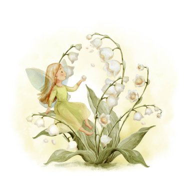 Valley Fairy Illustration 'dan Şirin Peri Lily. Bahçe Sihirli Masal Klip Sanatı. Peri Bahçesi İllüstrasyonu Yeşil Beyaz Kız Çocuk Dekorasyonu