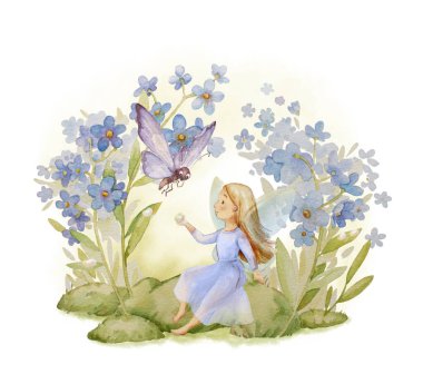 Şirin Bahçe Peri Suluboya Clipart. Unutma Beni Çiçek Perisi Çizimi. Çocuk Peri Baskısı. Unutun Beni Suluboya Duvarı Sanatı