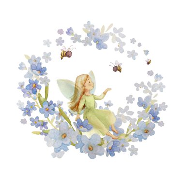 Şirin Peri Suluboya Çizimi. Beni Unut Çocuk Süsleme. Bahçe Peri Duvarı Sanatı. Çiçek Masalı Clipart