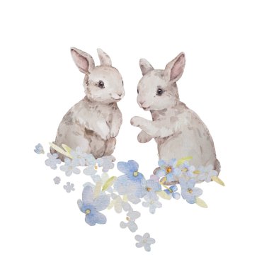Çiçek Resimlerini Unutmayan Tavşanlar. Paskalya Tavşanı Suluboya Klip Sanatı. Çiçek Çizimleriyle Tavşan. Çocuk odası Sanat Vintage