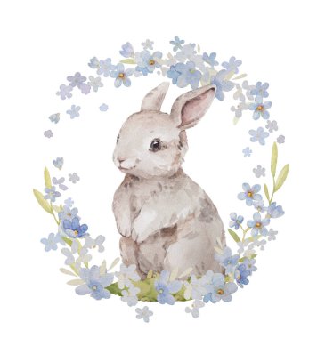 Çiçekli Tavşan Suluboya Bahar Resimleri. Paskalya Tavşanı Suluboya Klip Sanatı. Çocuk odası Duvar Sanatı Vintage. El Çizimi Suluboya Kompozisyonu