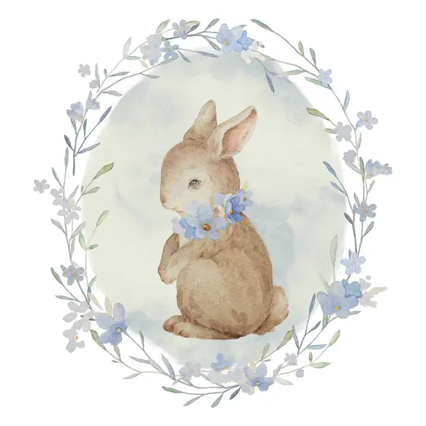 Rabbit with Forget Me Not Flowers Watercolor Spring Illustrations. Easter Bunny Vintage Hand Drawn Watercolor Clip Art. Rabbit in Flowers Wreath Illustrations