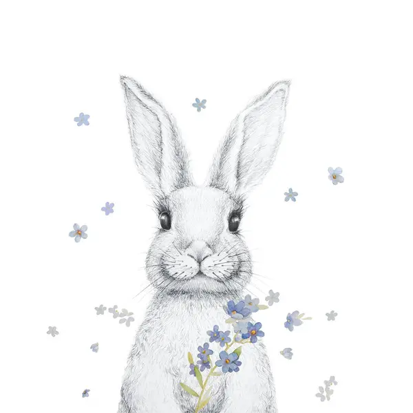 Милый Кролик Иллюстрациями Забудь Меня Цветы Пасхальный Кролик Картины Детском Стоковое Фото