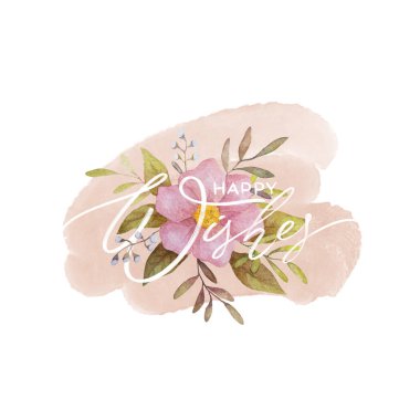 Mutlu Dilekler Mektubu ile Çiçek Kompozisyonu. Nazik Rosehip Suluboya Çiçek Çizimi. Bahar Çiçeği El Çizimi