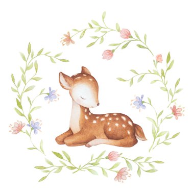 Geyik Fawn Suluboya Çizimleri, Küçük Geyik Uyuyan Hayvanlar, Bebek Ormanı Hayvanı Clipart, Suluboya Çelengi, Bebek Duşu Klipsi Sanatı