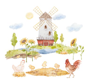 Farm Field Clipart, Chicken with Chickens Watercolor Clipart, Farm Mill Illustrations, Farm Watercolor Clip Art, Farm House Clipart