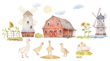 Farmyard Illustrations, Kazlar with Baby Watercolor Clip Art, Tarım Binaları Clip Art, Red Farm House Illustrations, Farm Watercolor Clip Art, Farm House Clipart