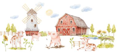 Suluboya Çiftlik Hayvanları, Çiftlik Resimleri, Sevimli Bebek Domuzcuk Suluboya Çizimi, Bebek İnek Kesme Sanatı, Çiftlik Sahnesi Clipart