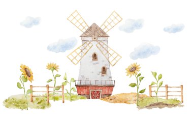 Sunflower Farm Illustrations, Farm Field Clipart, Windmill Illustrations, Watercolor Farm, Baby Clip Art, Print Quality clipart