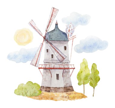 Windmill Watercolor Illustration, Farm Watercolor Composition, Farm Watercolor Clip Art, Print Quality