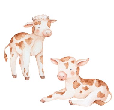 Baby Cow Clip Art, Cow Calf Clip Art, Baby Cow Cartoon Illustrations, Cute Baby Animals Watercolor Set, Watercolor Farm Animals Illustrations clipart