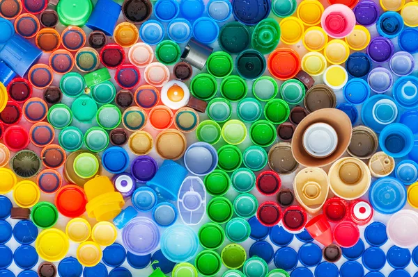 Tampas Garrafa Plástico Reciclado Fundo Abstrato Colorido — Fotografia de Stock