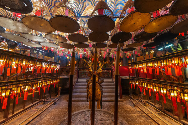 Interior view of historical landmark Man Mo Temple in Hong Kong city