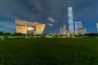 Night scenery of West Kowloon Cultural District of Hong Kong city