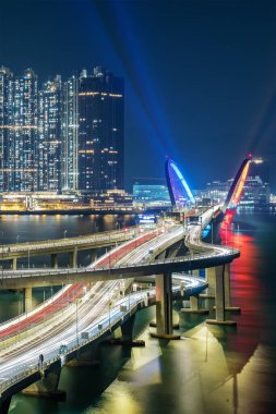 Night scenery of traffic on Tseung Kwan O Cross Bay Link in Hong Kong city