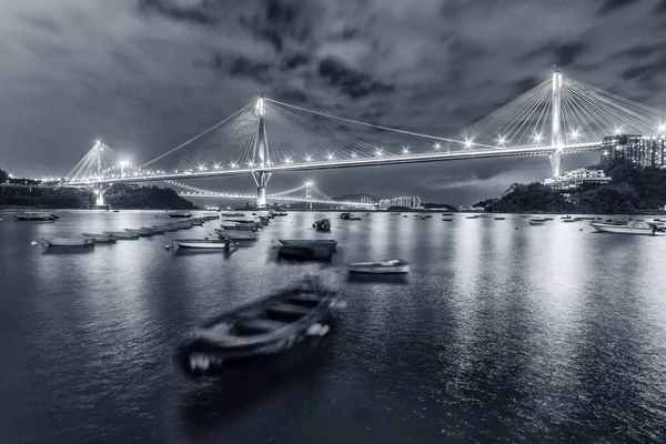 Idyllische Landschaft Aus Brücke Und Bucht Hongkong Bei Nacht — Stockfoto