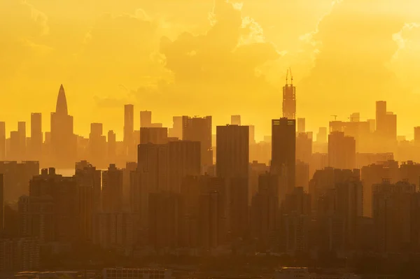 Sylwetka Panoramy Miasta Shenzhen Chiny Pod Zachodem Słońca Widok Granicy Zdjęcia Stockowe bez tantiem