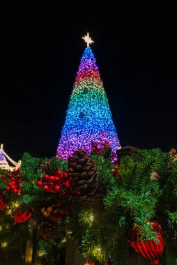 Parkta aydınlatılmış LED Noel ağacının gece manzarası