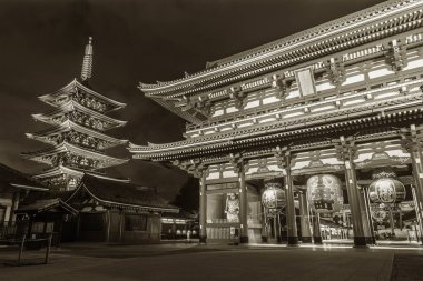 Asakusa, Tokyo, Japonya 'daki Senso-Ji Tapınağı' nın gece manzarası. Mimarideki Japonca ifadeler 