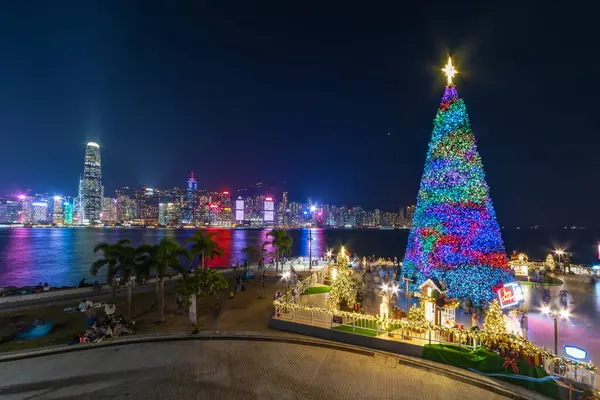 Scenery Christmas Tree Decoration Skyline Victoria Harbor Hong Kong City — Stock Photo, Image