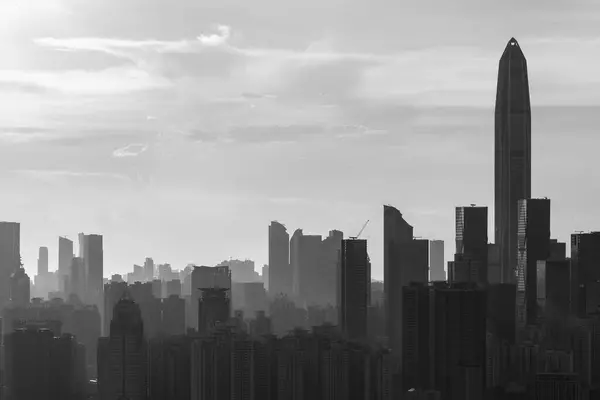 Silhueta Horizonte Cidade Shenzhen China Sob Pôr Sol Vista Fronteira — Fotografia de Stock