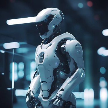 Parlayan neon ışığı olan robot sayborg.