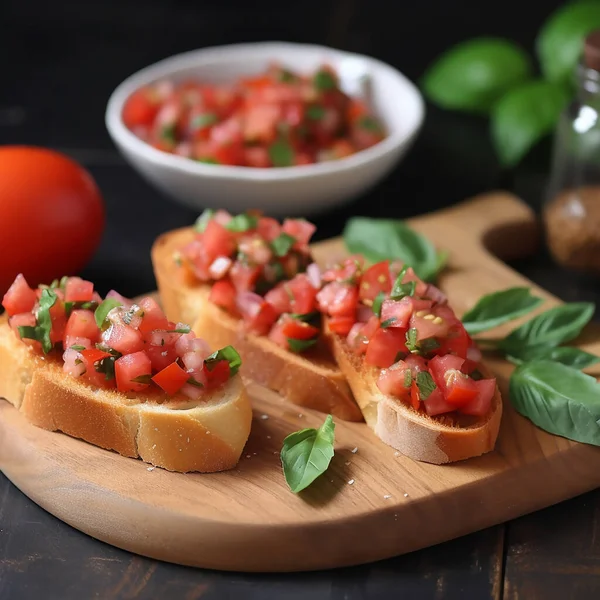 Bruschetta Con Tomate Albahaca Tomates Sobre Fondo Madera — Foto de Stock